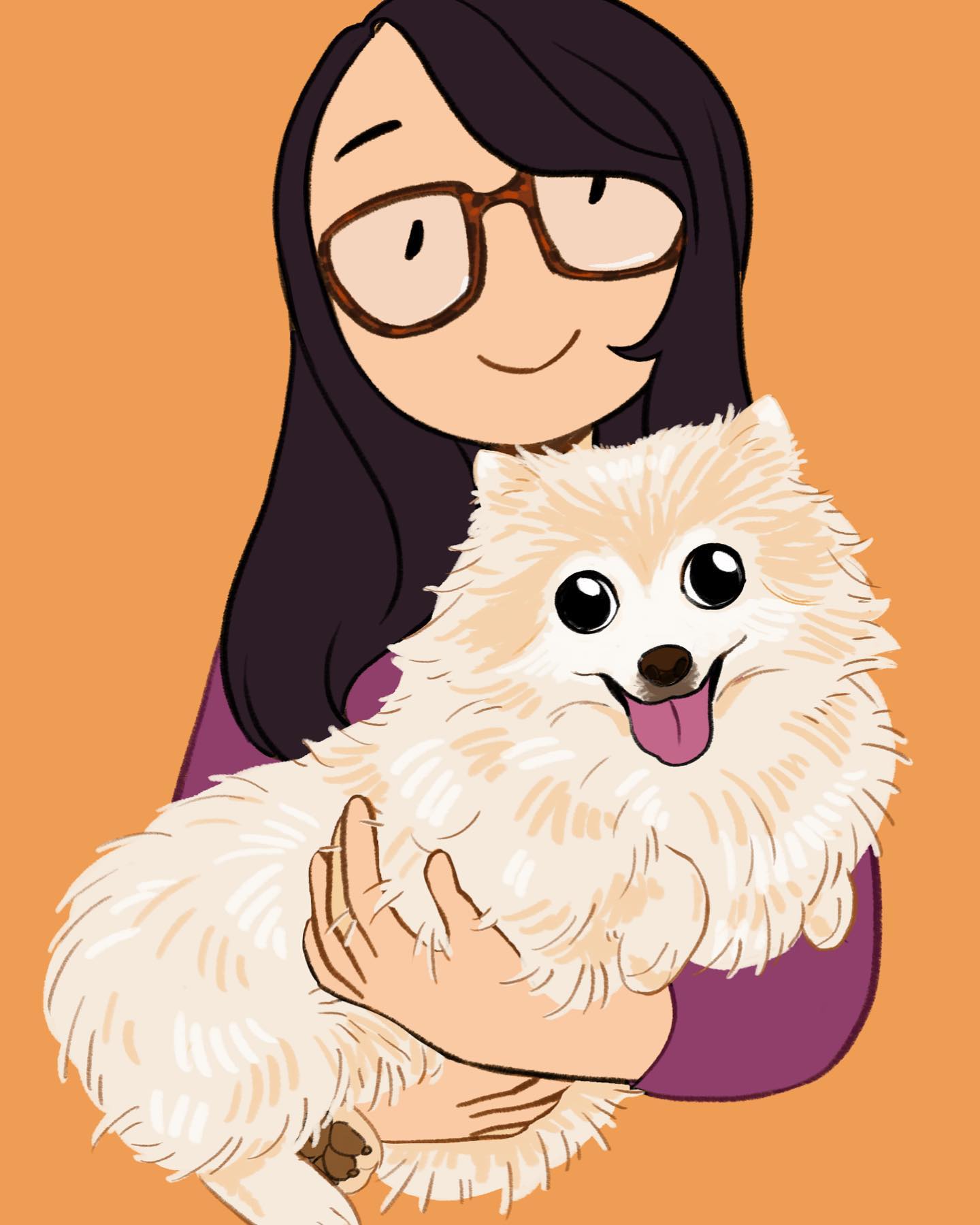 Illustrated portrait of Amy holding her Pomeranian, Lily
